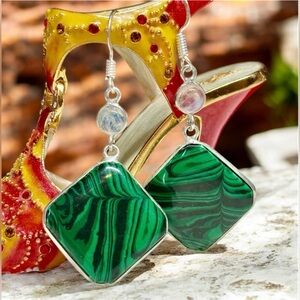 Green Malachite and Moonstone  sterling Silver Dangle Earrings